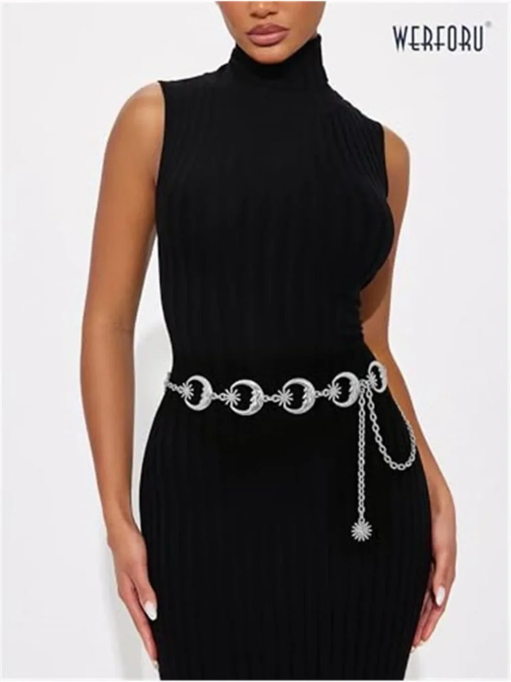 Women's Silver Metal Link Moon Star Body Chain Belt Ladies Waist Chain